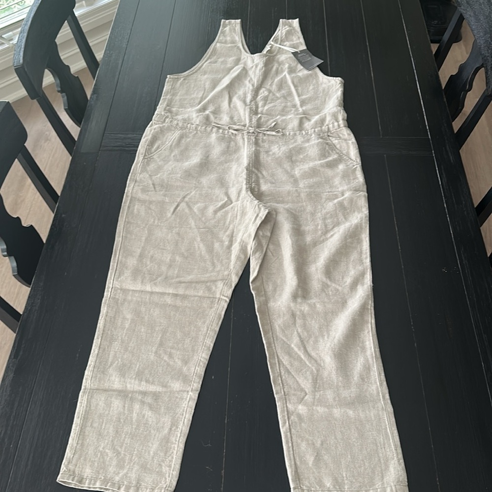 Garnet Hill 100% Linen Jumpsuit Beige Tan Drawstring Minimalist Neutral Size 16